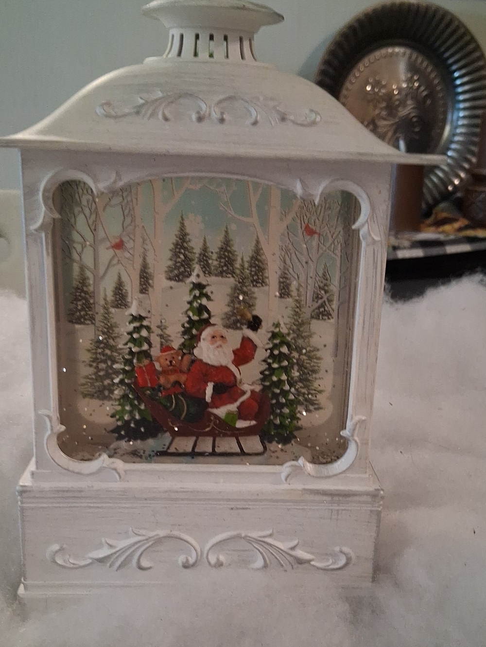 White Santa Lantern Snow Globe Accent with Glittering Scene